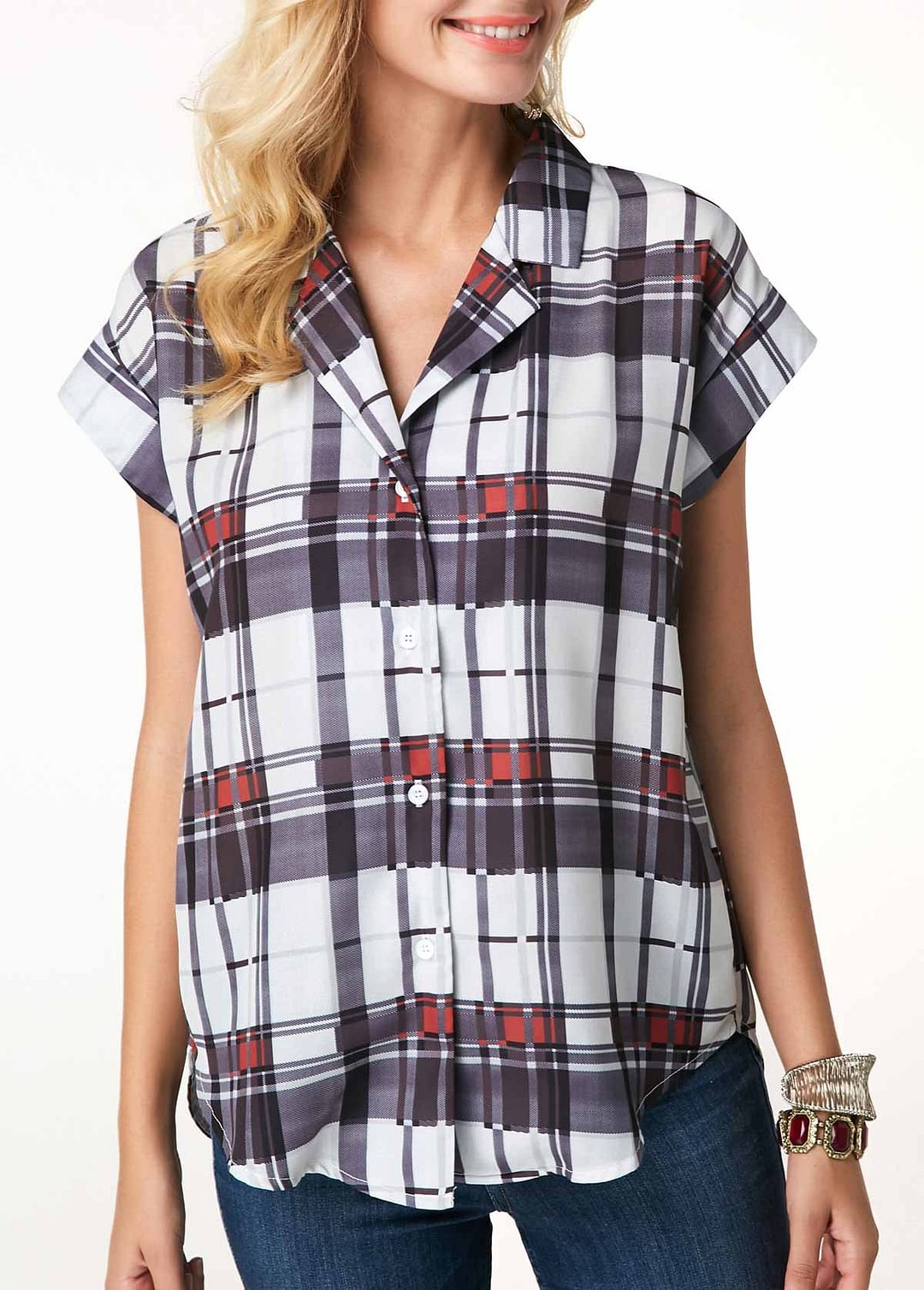Short Sleeve Button Up Plaid Print Blouse