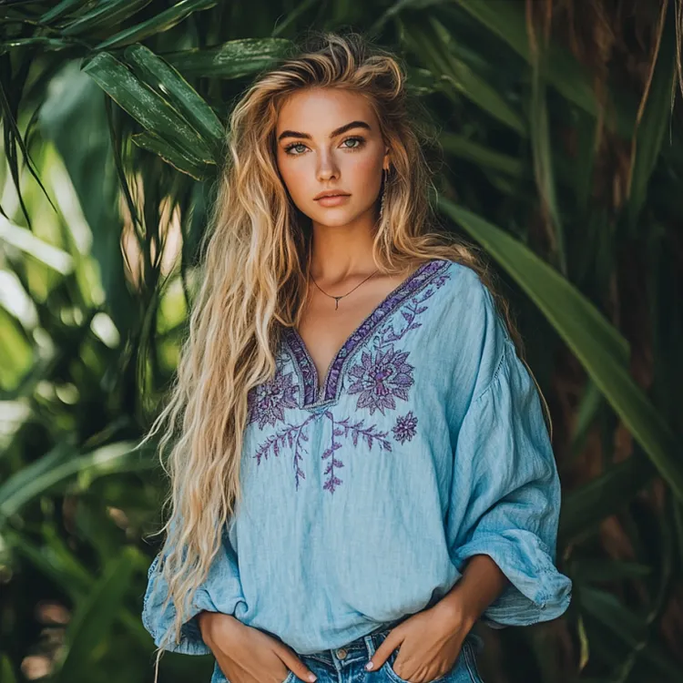 Vintage Floral Embroidery Linen Art V-neck Shirt