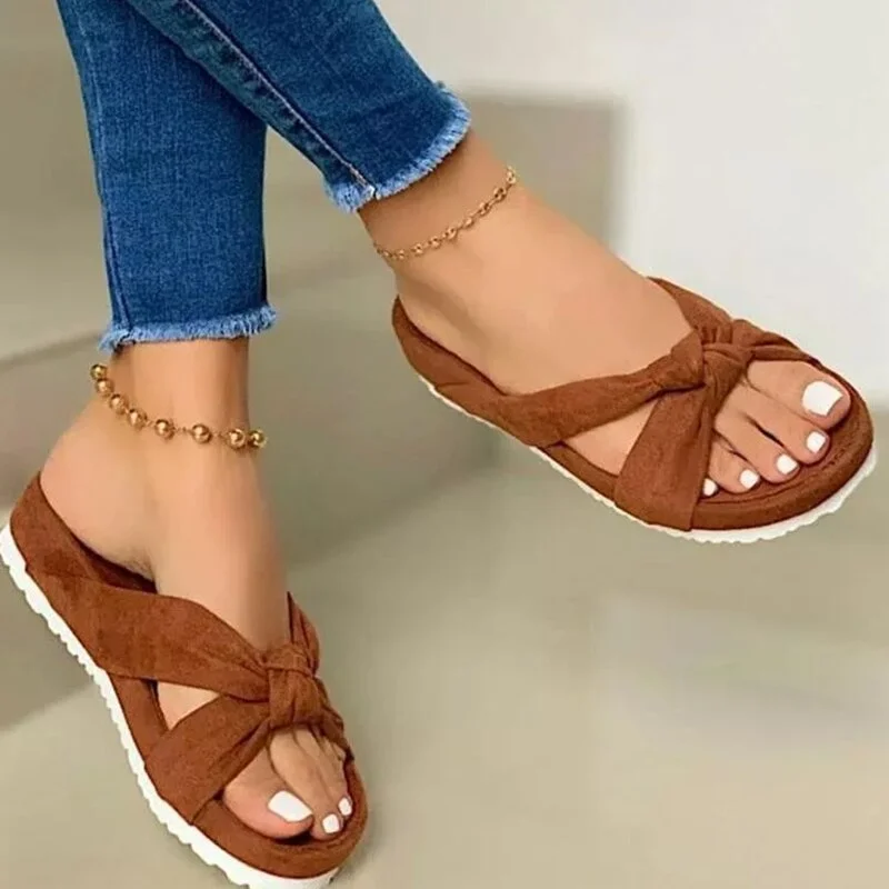 2021 Women Flock Knot Slippers Female Casual Open Toe Slides Ladies Summer Platform Flat Women's Comfortable Shoes Plus Size