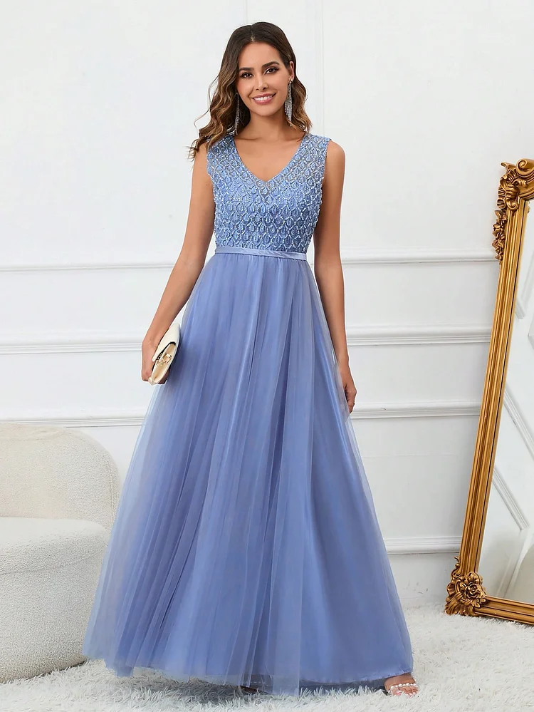 Meilun Contrast Lace Mesh Formal Dress