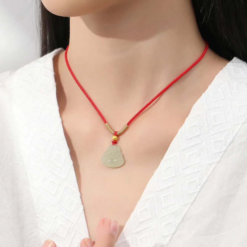 18k Gold Plated Natural Hetian Jade Laughing Buddha Wealth String Necklace Pendant