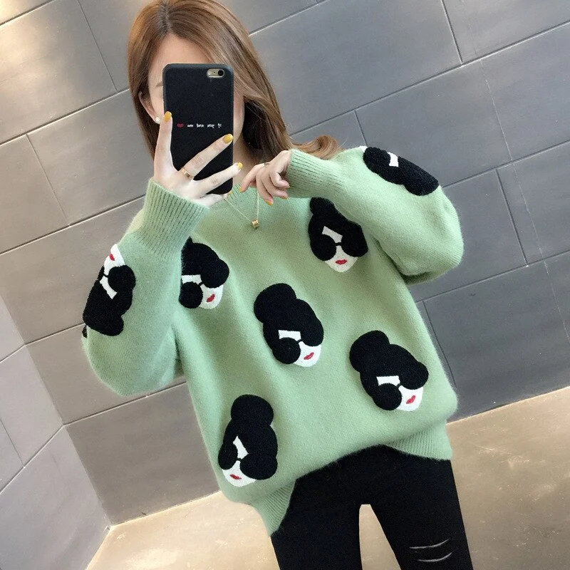 NEEDBO Sweater Women Knitted Cartoons Patchwork Sweater High Elastic Women's Sweater Pullover O-neck Women Autumn Winter Sweater