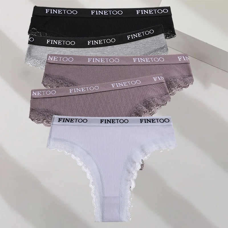 FINETOO 5PCS/Set M-XXL Cotton Panties Women's Letter Thong  Girls Brazilian Panty Sexy Lace Underwear For Woman Lingerie Bikini