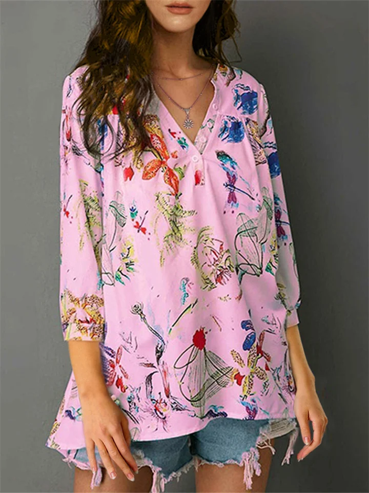 V-neck Loose Digital Print Shirt Tops Shirt Women-Cosfine