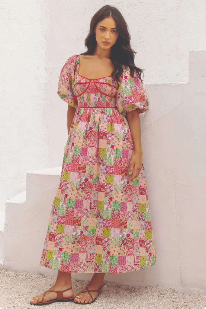 Ditsy Floral Print Puff Sleeve A-Line Midi Dresses-Pink [Pre Order]