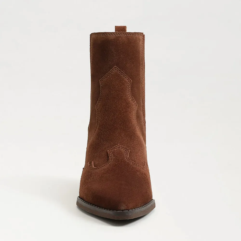 Fashion Brown Vegan Suede Pointed Toe Pull On Stitching Cowgirl Boots