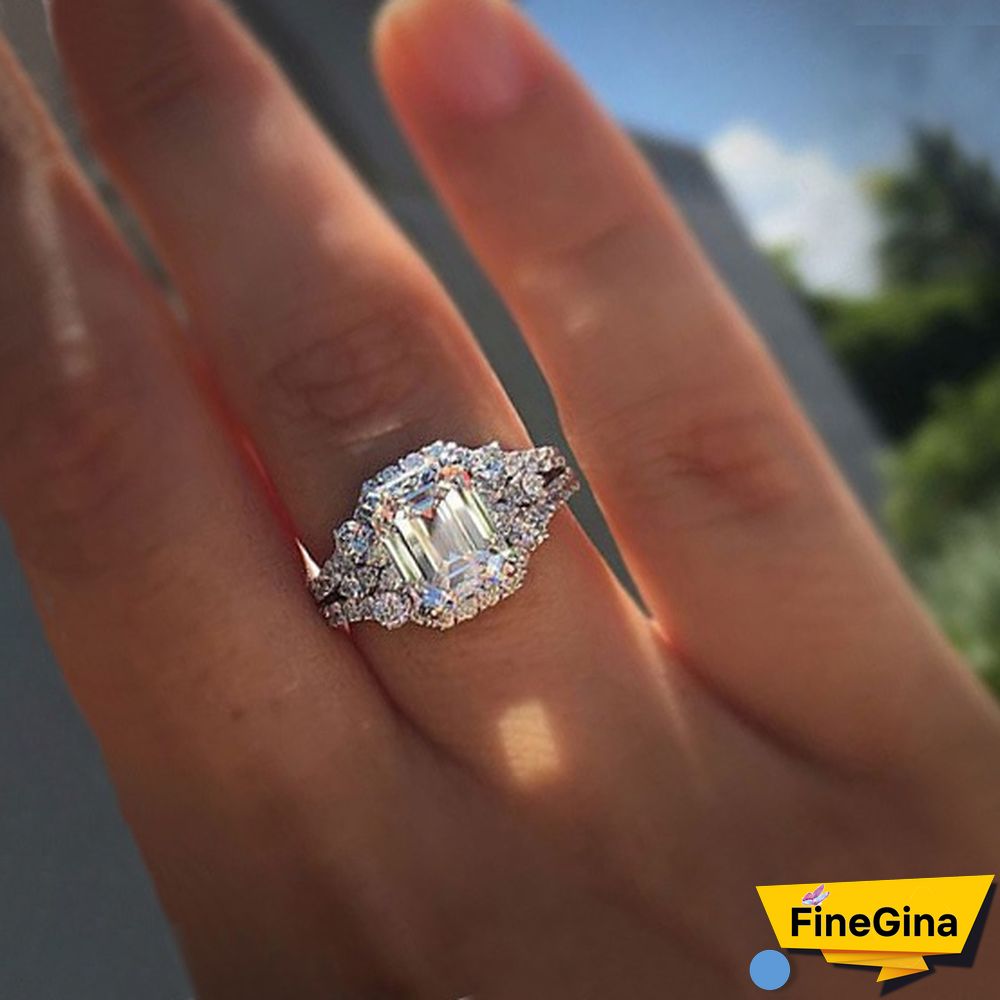 2.2ct Square Cut White Sapphire Moissanite Inlay Diamond Ring Sparkling Women 925 Silver 14k White Gold Filled Gemstone Rings Proposal Bride Engagement Wedding Rings Fashion Jewelry Accessories Anniversary Gift