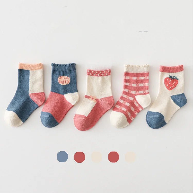 5 Pairs Baby Strawberry Plaid Floor Socks