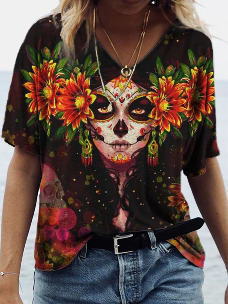 Day of the Dead Art Print Casual V Neck T Shirt