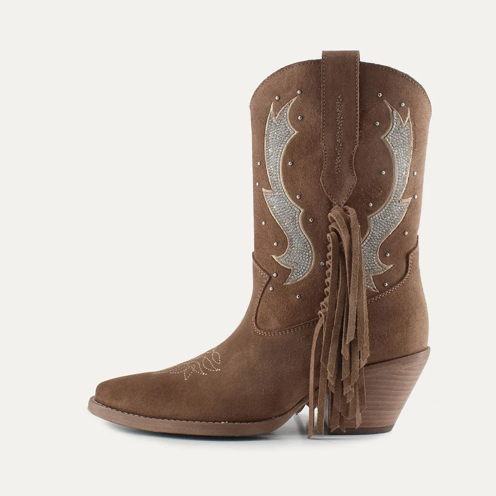 Brown Rhinestone Stacked Heel Fringe Western Boots for Women
