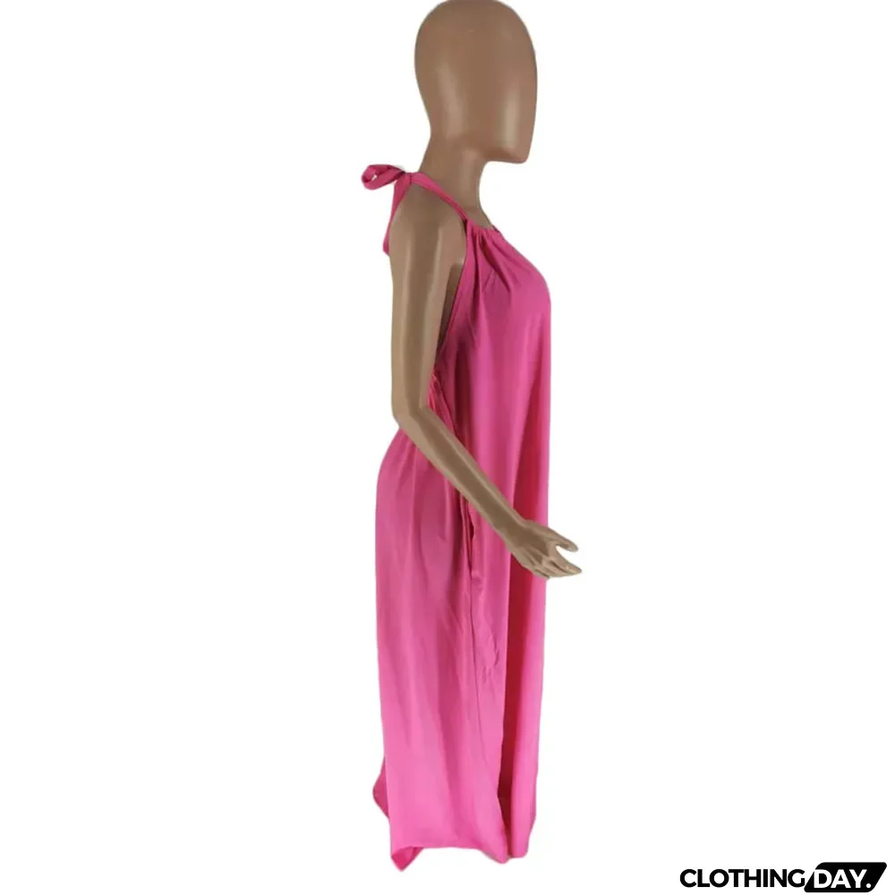 Summer Women's Sleeveless Halter Neck Sexy Low Back Solid Color Maxi Dress