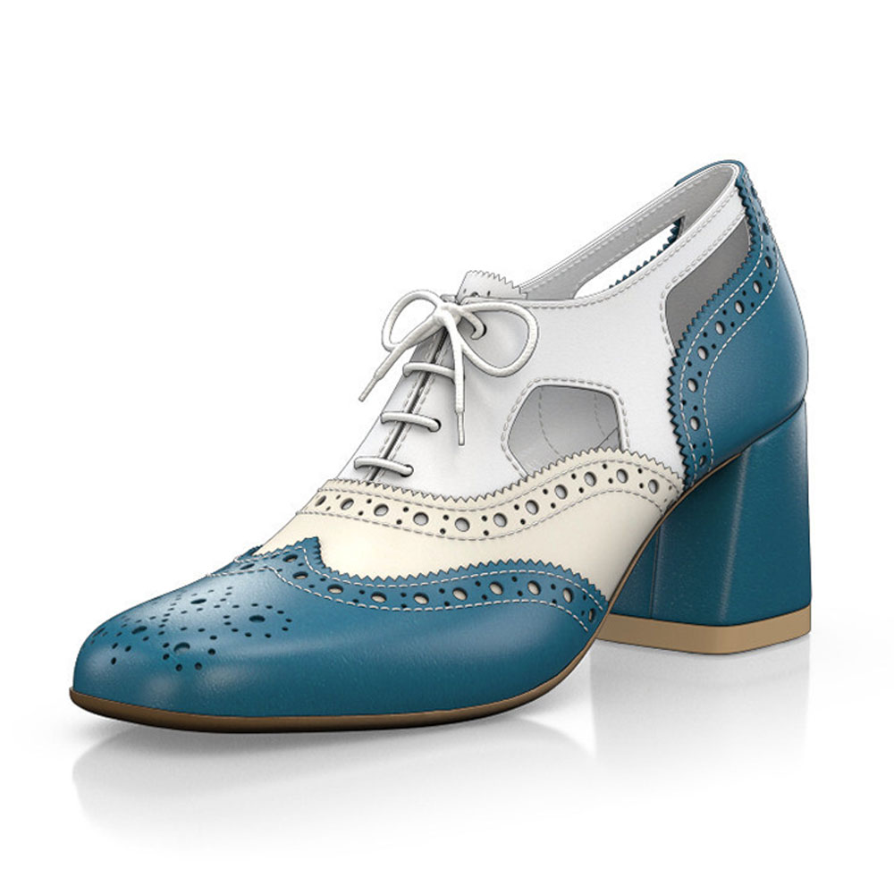 Blue & White Square Toe Chunky Heel Cut-Out Lace-Up Oxford Pumps Nicepairs