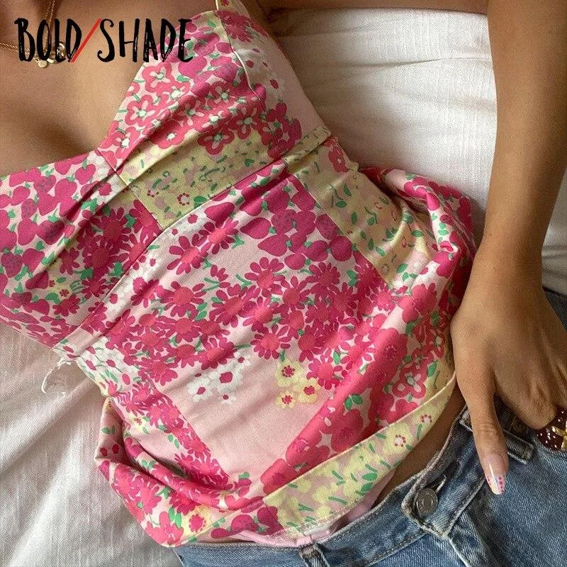 Bold Shade Aesthetic Fashion E-girl Cami Halter Tops Floral Print Ruched 90s Vintage Clothes Style Sexy Hot Bustier Top Summer