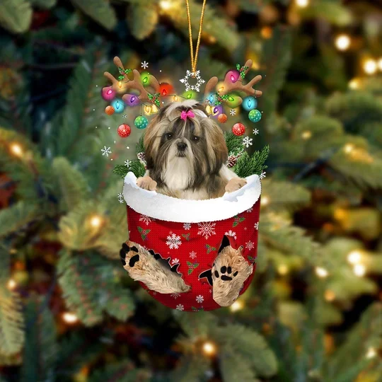 Shih Tzu 1 In Snow Pocket Christmas Ornament trabladzer