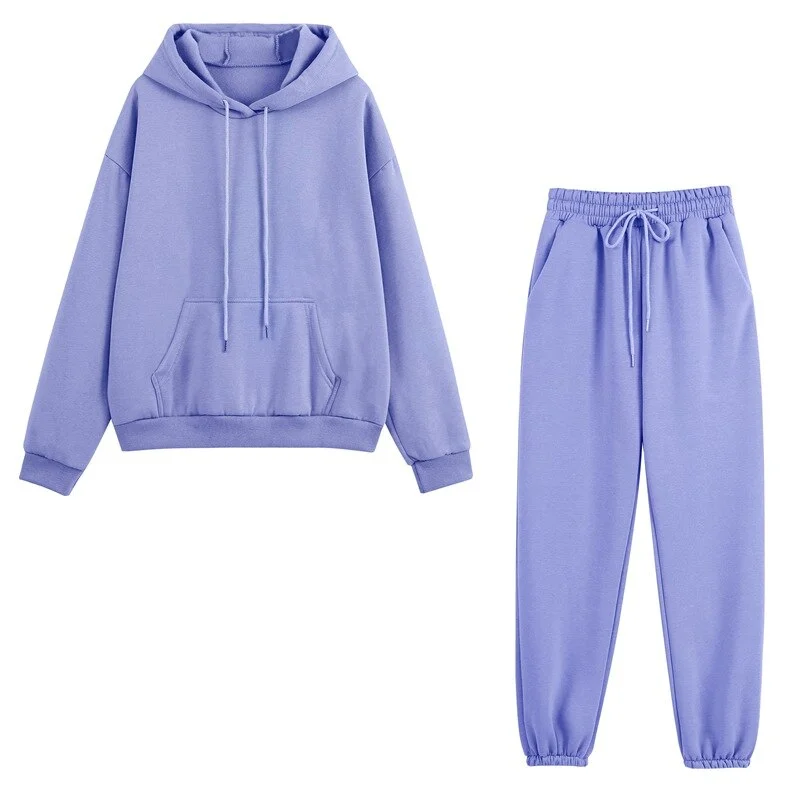 Tracksuits Women Solid Color O-Neck Fleece Sports Suit Winter Casual Loose Pullover Long Pants Two Piece Set Suit Female Outfits