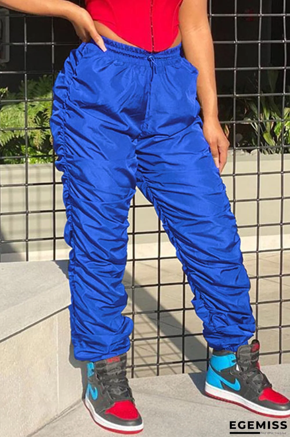 Blue Elastic Fly Sleeveless Mid Patchwork Draped Solid Straight Pants | EGEMISS
