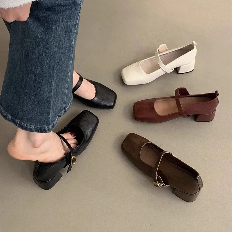 Breakj Breakj Square Head Thick Heel Single Shoes Women Spring And Autumn New French Evening Fairy Soft Skin Mary Jane Small Leather Shoes