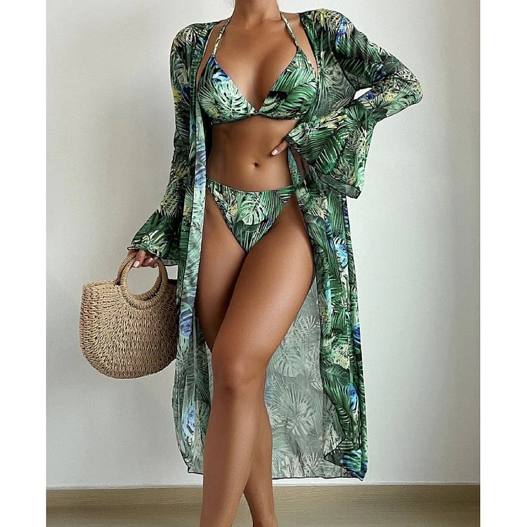 Halter Straps Jungle Printed Bikini Swimsuit Three-piece Set