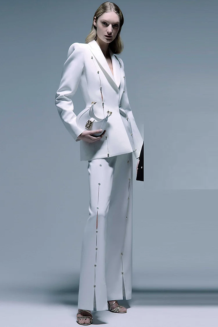 Rhinestone Hollow Out Two Piece Pant Suit-White