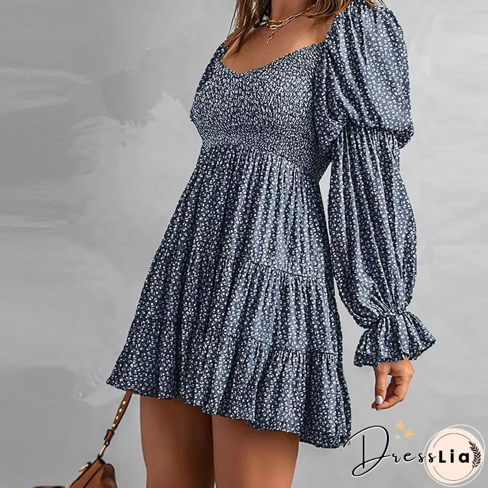 Autumn Sexy Ladies Strapless Folds Mini Dress Fashion Sweet Puff Sleeve Loose Print Dress Women Elegant Pleated Party Dress