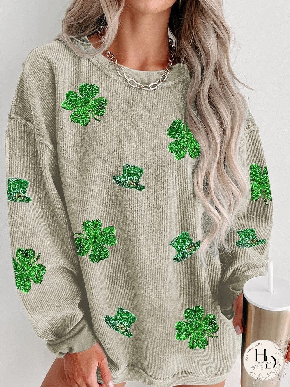 Stylish Corduroy Sweatshirt with Green Sequin Accents