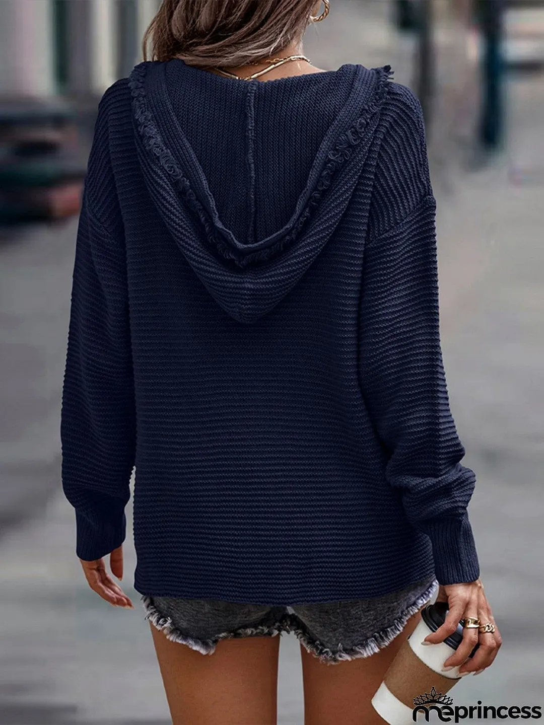 Horizontal Ribbing Hooded Sweater