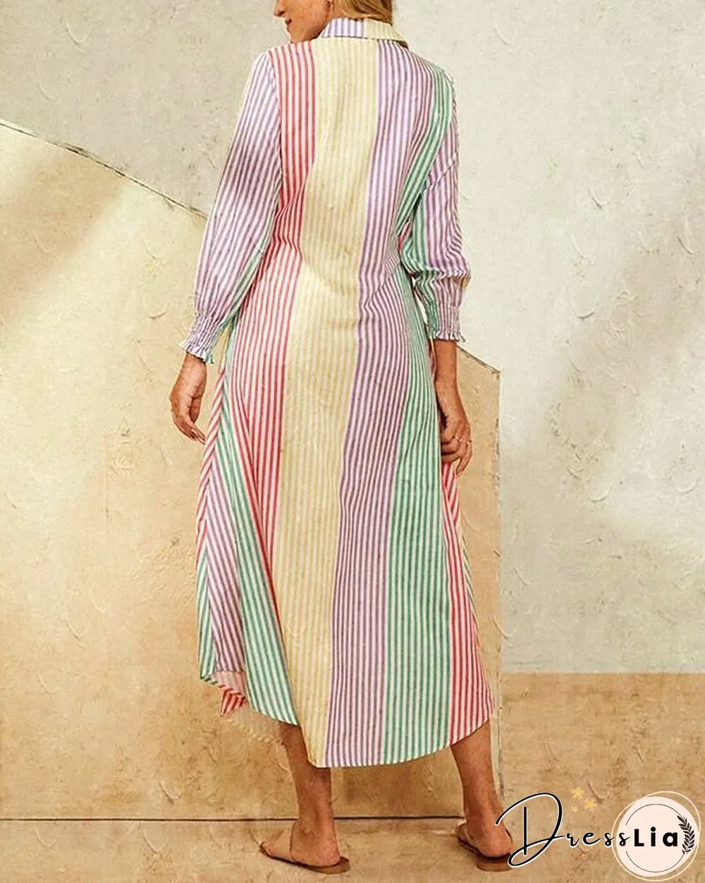 Leaves Print Lapel Button Long Sleeve Maxi Shirt Dress