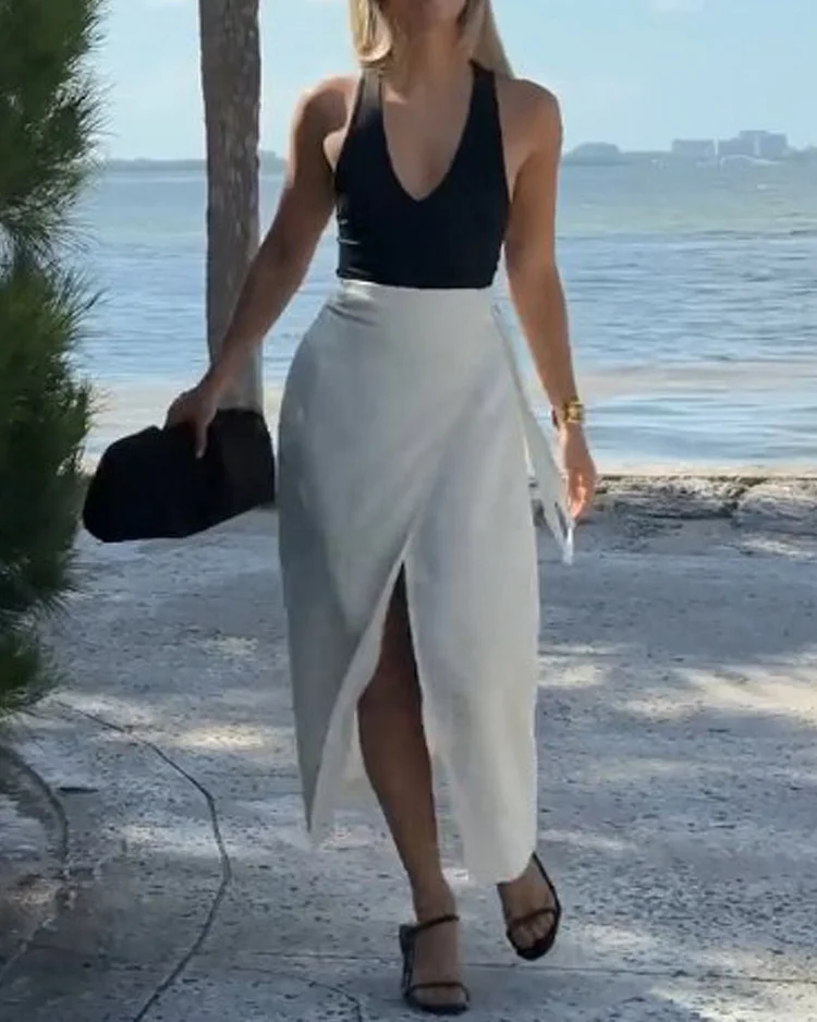 Sleeveless casual skirt two piece suit