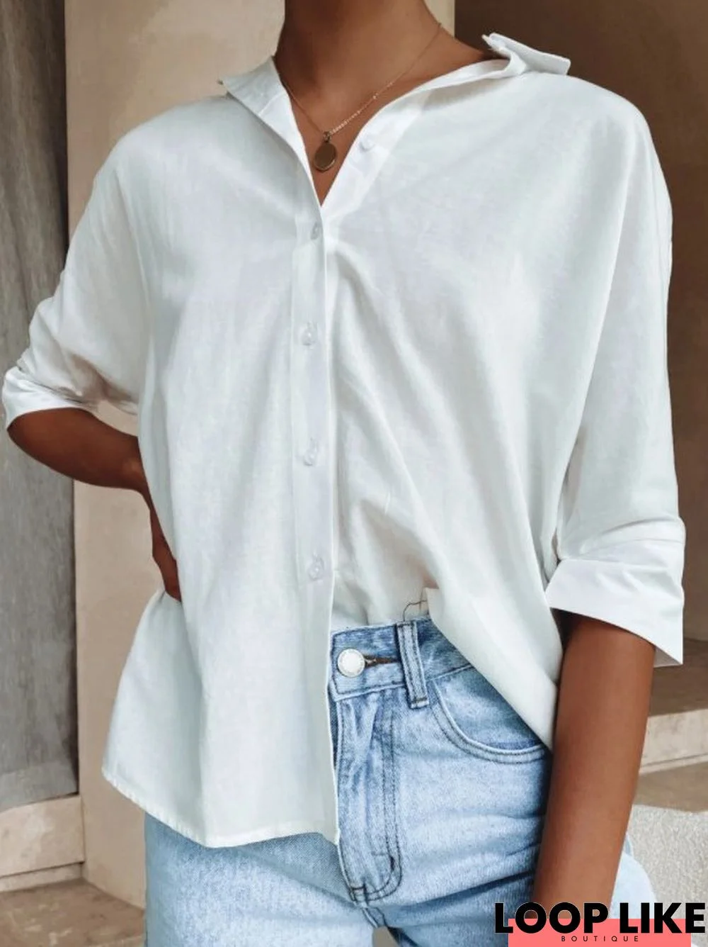 Casual 3/4 Sleeve Cotton-Blend Shift Blouse