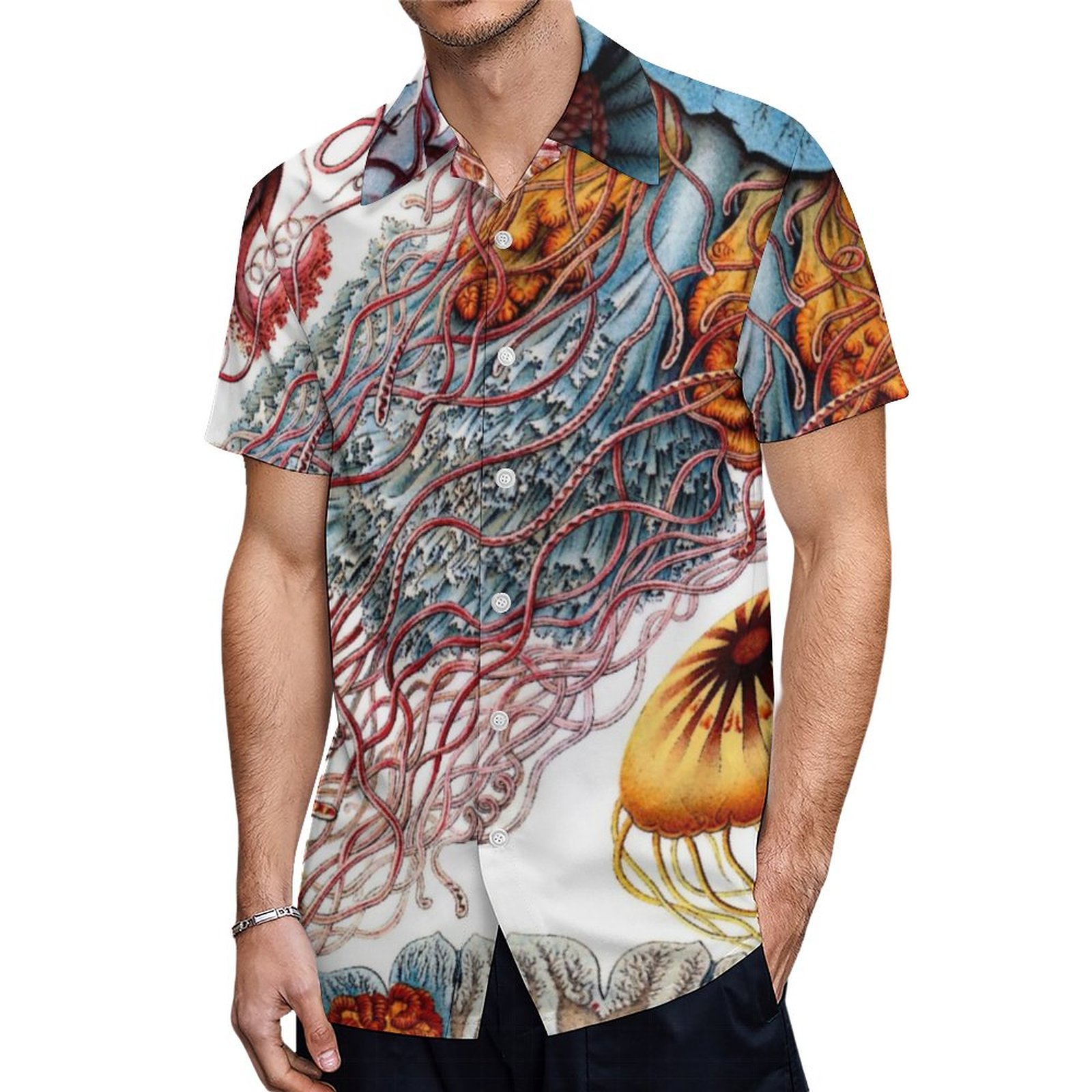 Vintage Jellyfish By Ernst Haeckel Discomedusae Hawaiian Shirt Mens Button Down Tropical Hawaii Beach Shirts