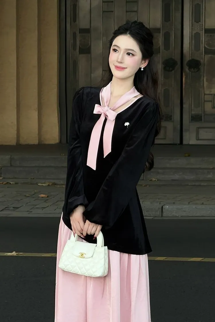 Two Tone Velvet Mock Piece Midi Dress