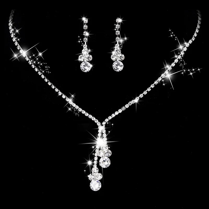 Simple Bright Rhinestone Zircon Necklace and Earrings Set