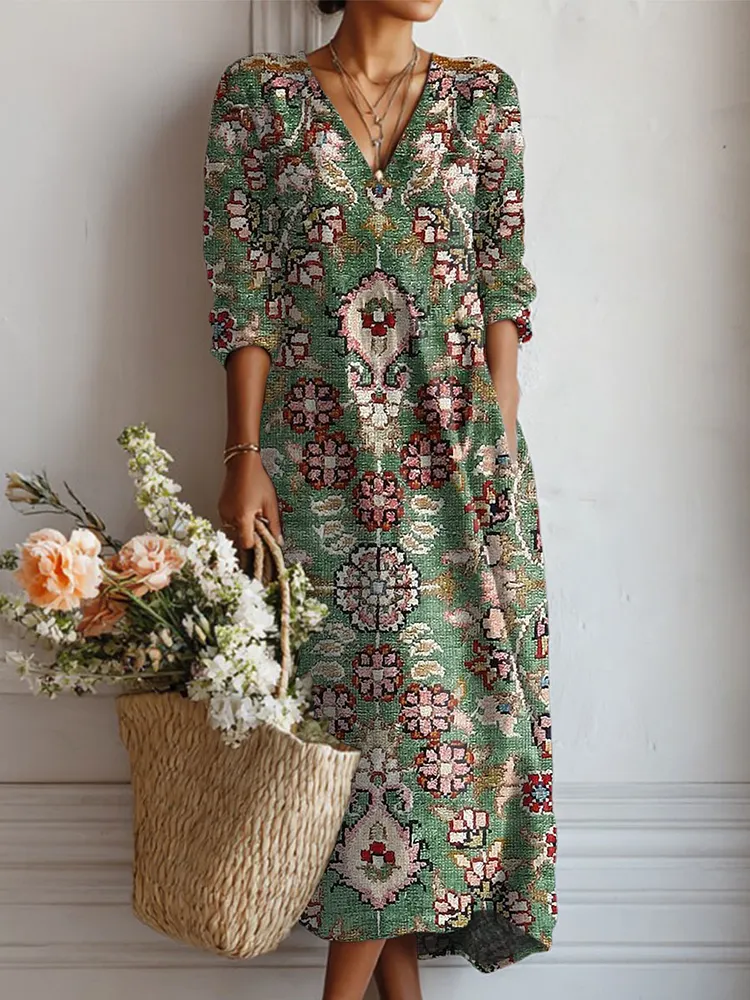 Women's Vintage Flower Art Print Linen Pocket Tunic Dress