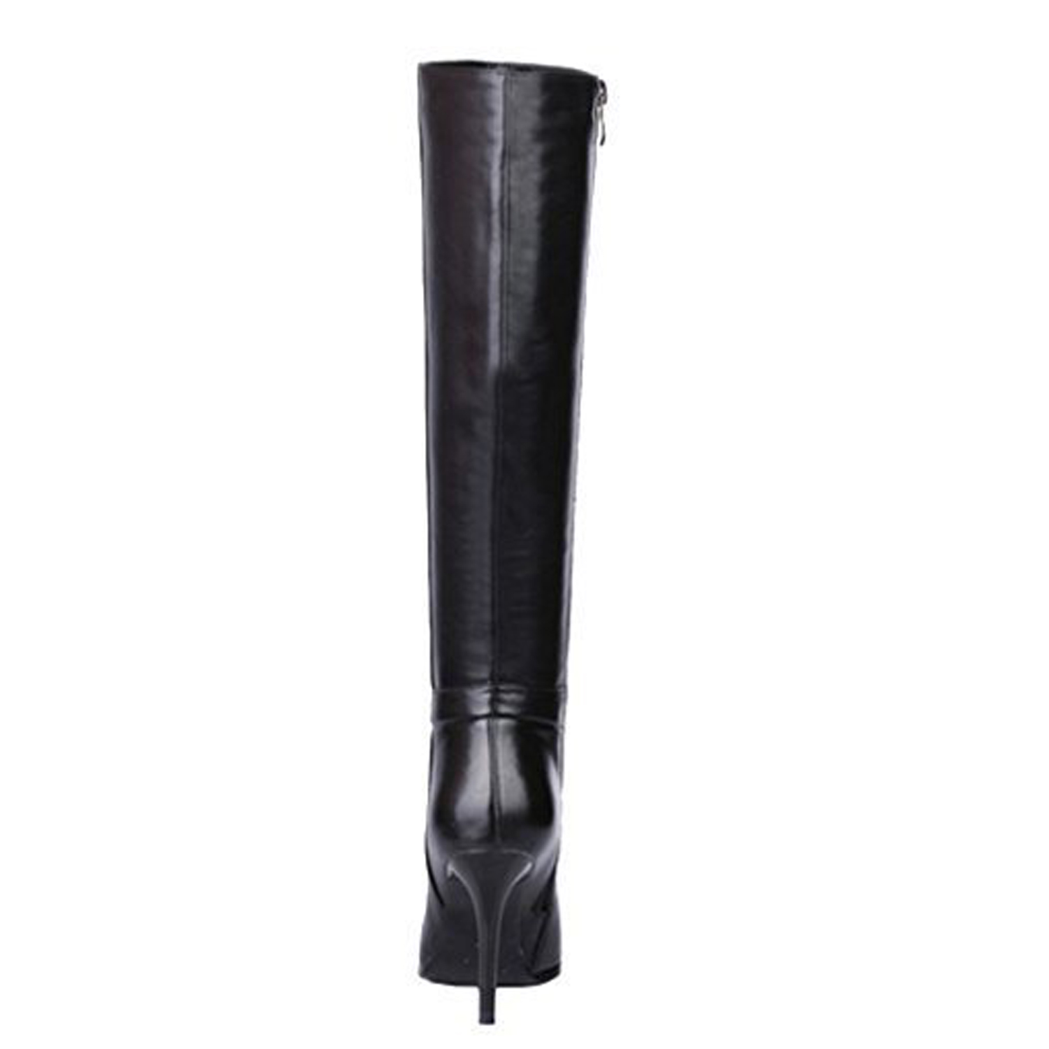 9.5cm Zipper Leather Mid Heels Knee Boots Black-MERUMOTE