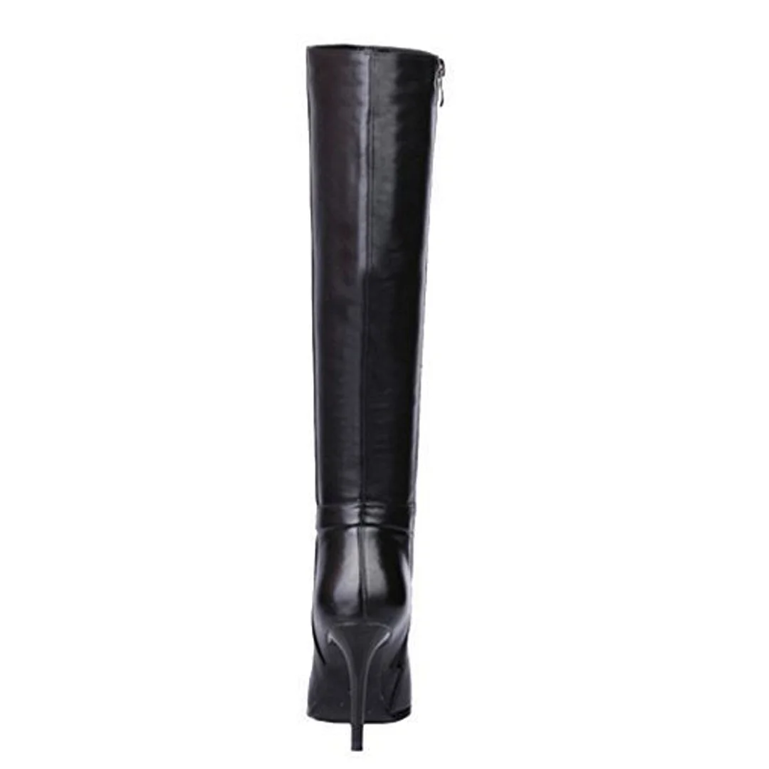 9.5cm Zipper Leather Mid Heels Knee Boots Black-MERUMOTE