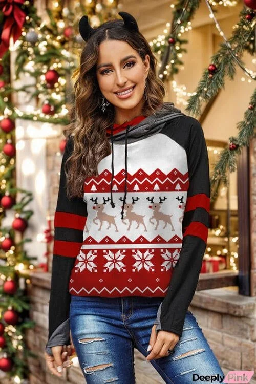 Double Take Full Size Christmas Drawstring Long Sleeve Hoodie