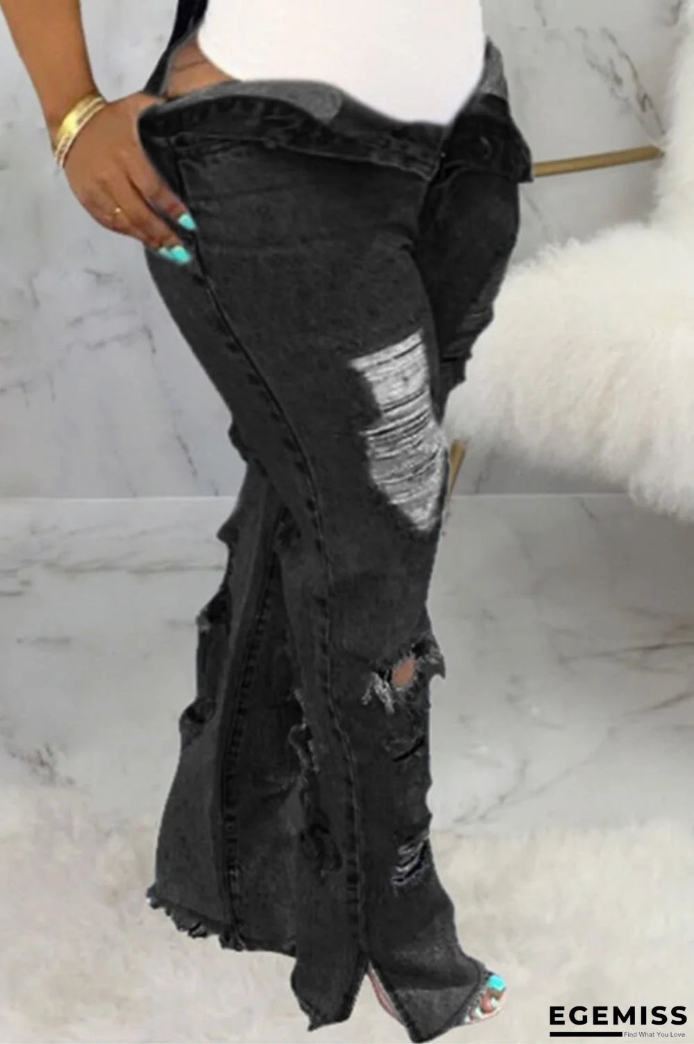 Black Fashion Casual Solid Ripped Plus Size Jeans | EGEMISS