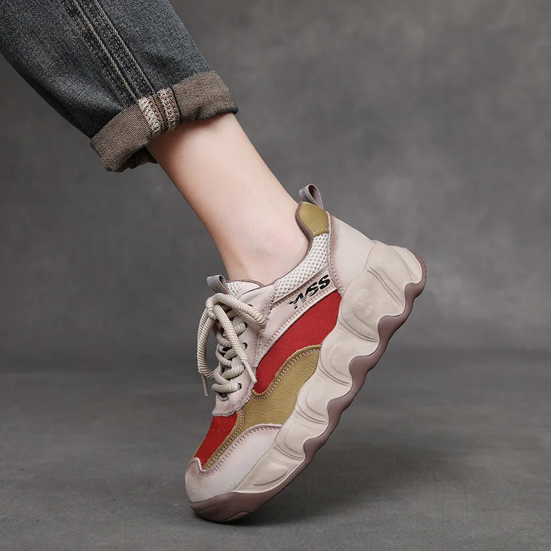 Yyvonne Layer Cow Skin 2025 Autumn New High Soft-Soled Soft-Sided Casual Sports Women's Shoes Old Dad Shoes Round Head