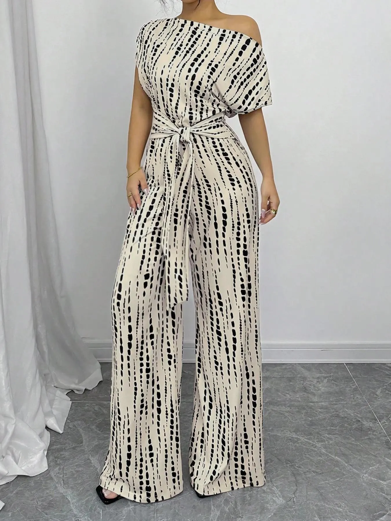 Women's All Over Print Leopard Tie Front Loose Jumpsuit, Casual Asymmetrical Neck Jumpsuit for Spring & Fall, Women's Clothes for Daily Wear Women's All Over Print Leopard Tie Front Loose Jumpsuit, Casual Asymmetrical Neck Jumpsuit for Spring & Fall, Women's Clothes for Daily Wear