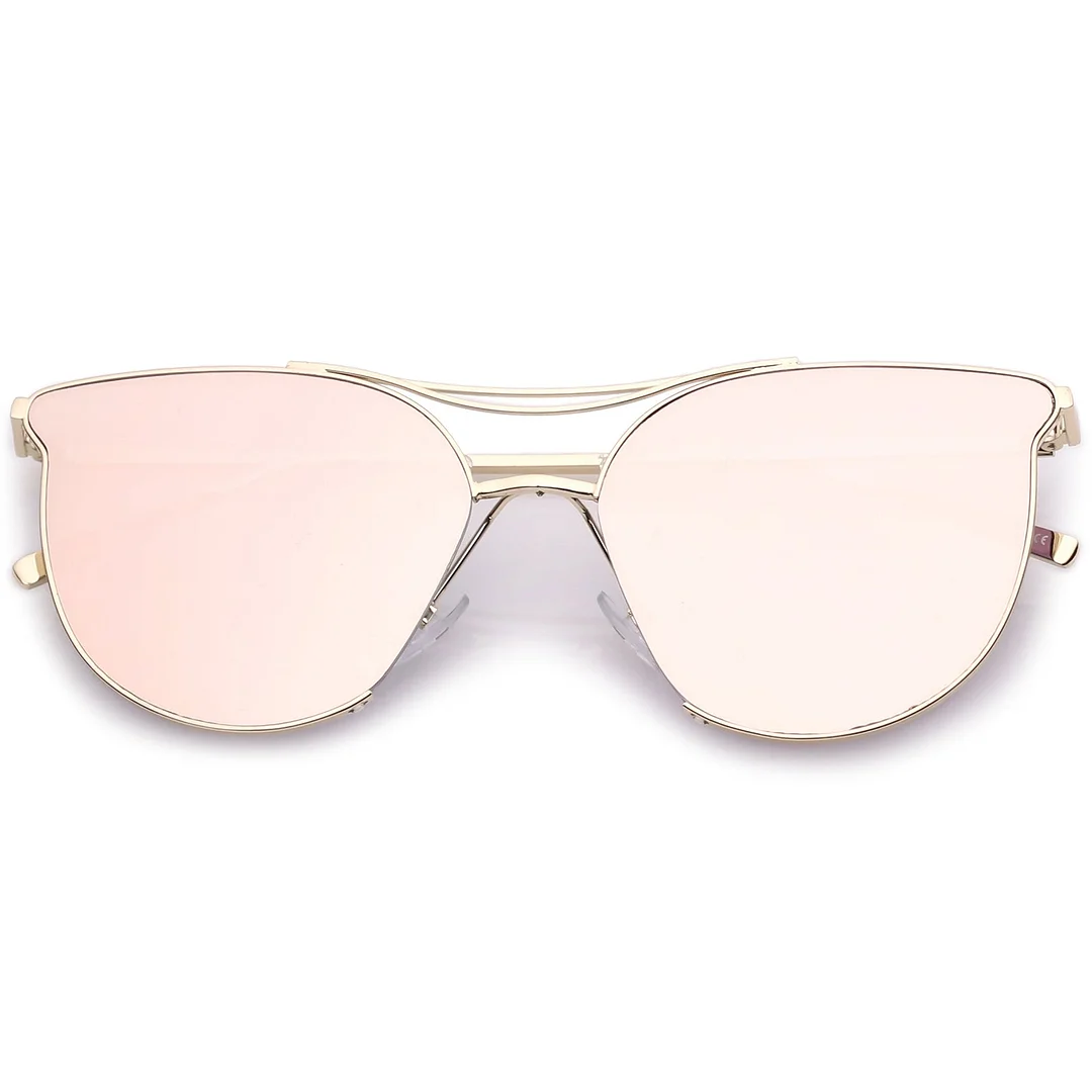 Modern Metal Cat Eye glasses With Double Nose Bridge Round Mirrored Flat Lens 55mm