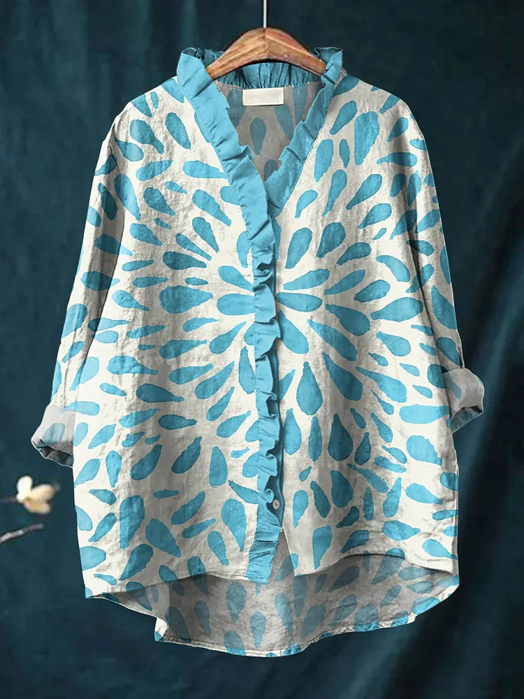 Women's Simple Watercolor Art Print Casual Cotton And Linen Ruffle Shirt