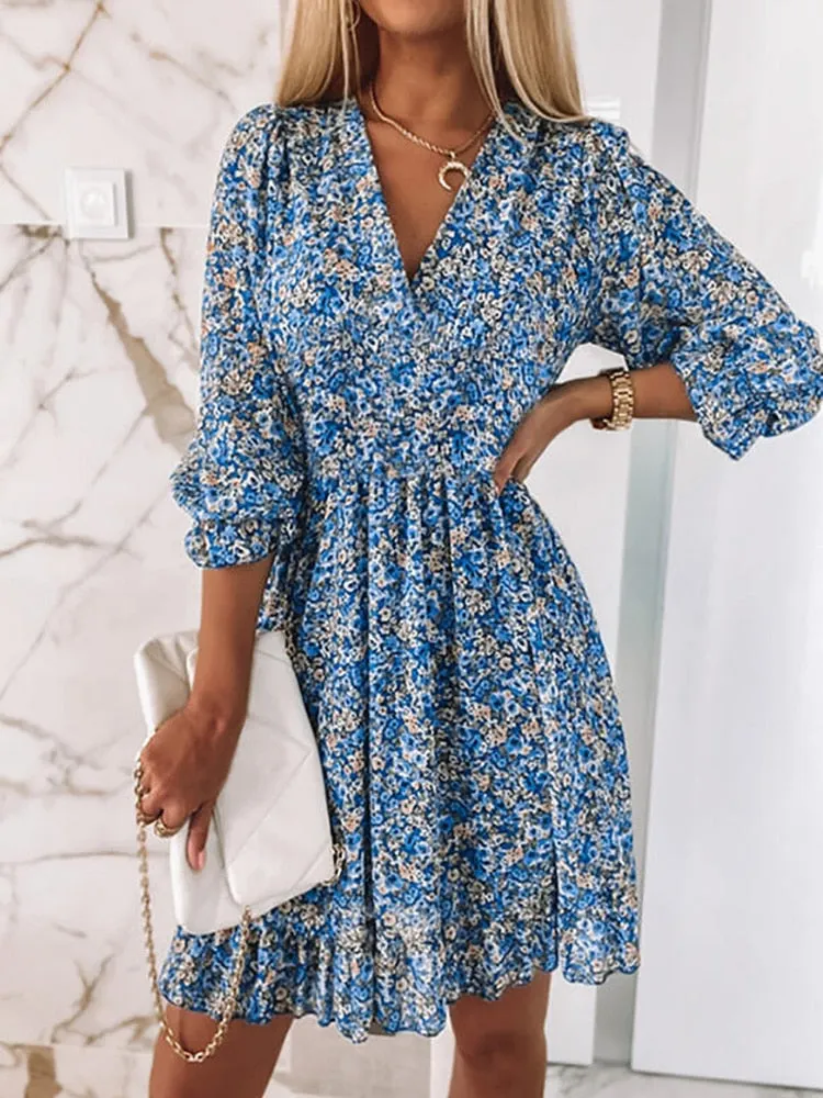 Elegant V Neck Elastic Waist Ladies Party Dress Women Long Sleeve Sexy Ruffles Mini Dress 2022 Summer Casual Print Dress Vestido