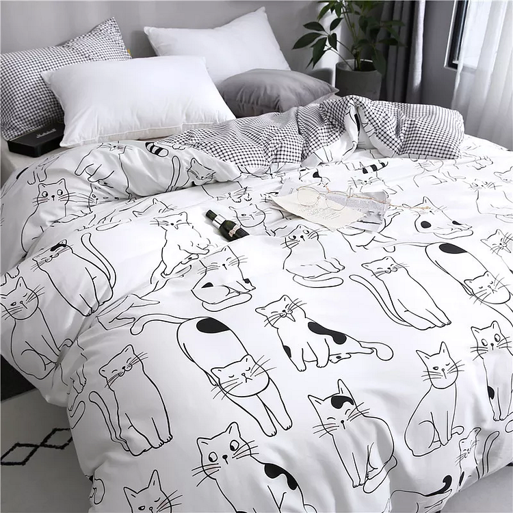 Cat Cartoon Bedding Sheet Duvet Cover Set - Gotamochi Kawaii Shop, Kawaii Clothes