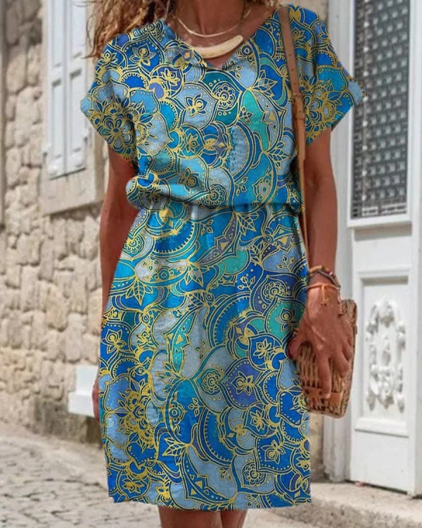 Vintage Print V Neck Midi Dress