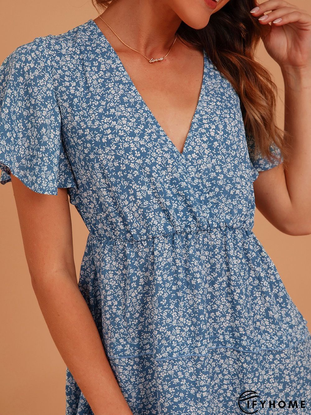 Blue Sweet V Neck Silk-Chiffon Weaving Dress | IFYHOME