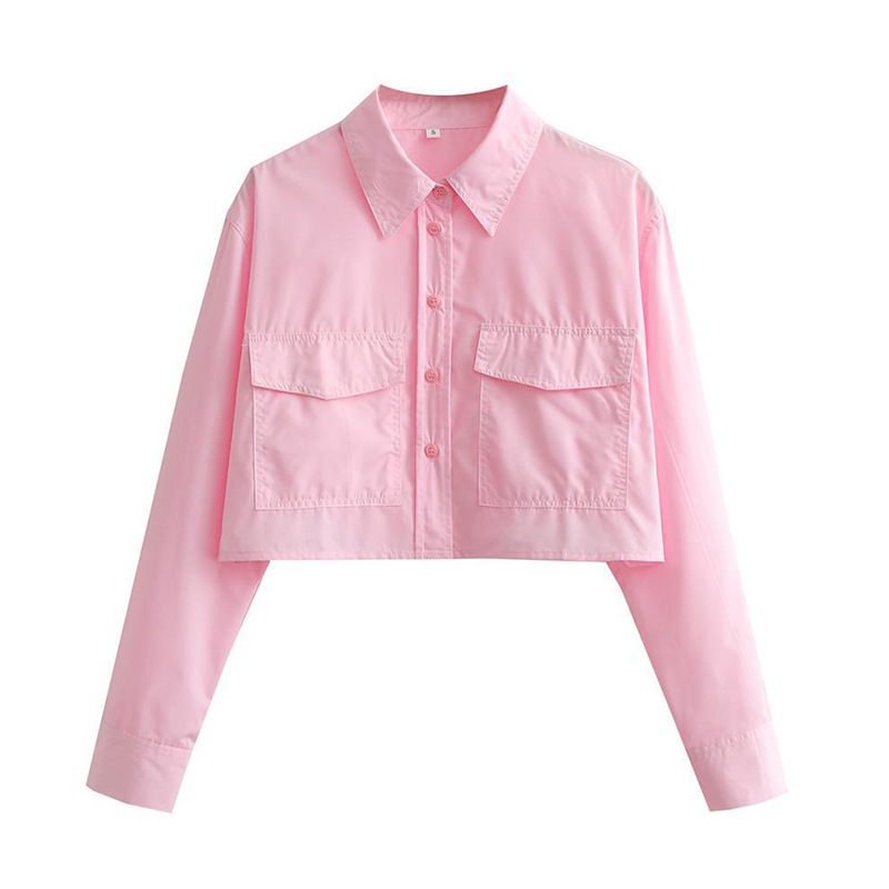 Lazycackle Women Fashion With Pockets Loose Cropped Poplin Shirts Vintage Long Sleeve Button-up Female Blouses Blusas Chic Tops