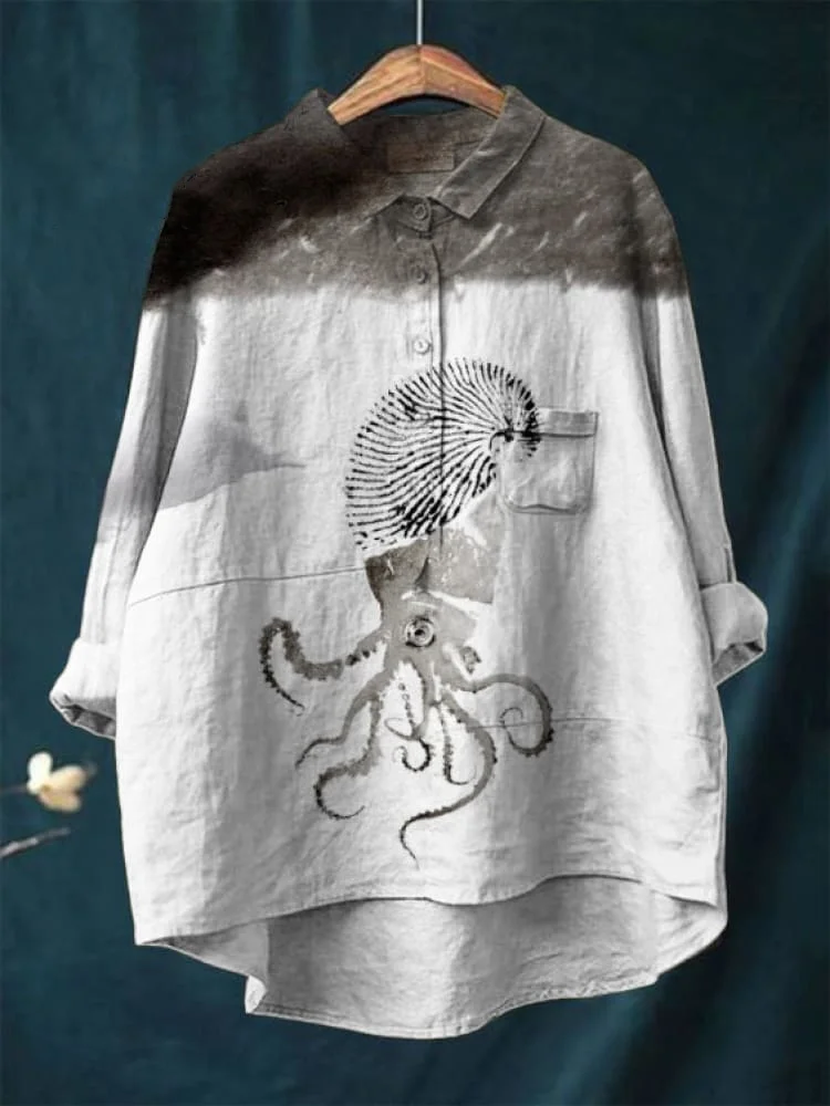 Vintage Japanese Octopus Pattern Art Print Casual Cotton And Linen Shirt