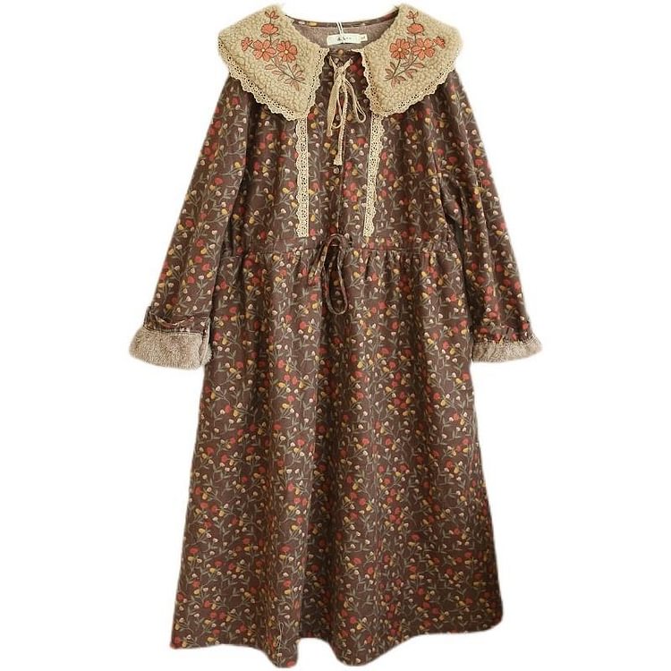 Queenfunky cottagecore style Cozycore Fleece Lined Floral Winter Dress QueenFunky