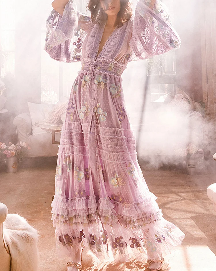 Luxe Dot Mesh Tulle Floral Embroidery Lace Dress