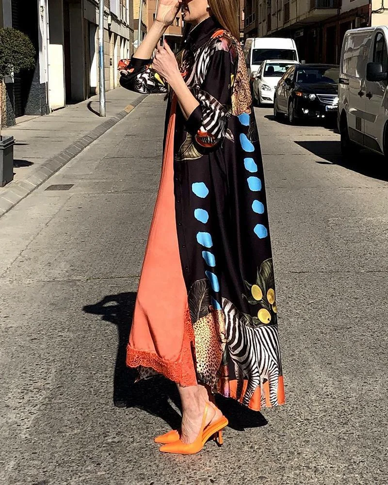 Stylish Long Sleeve Printed Shirt Dress